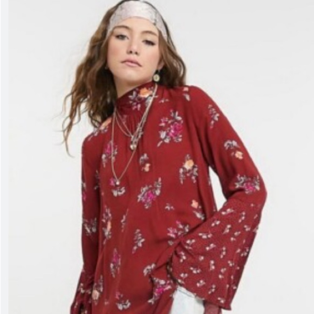 Floral Burgundy Tunic with Bell Sleeves